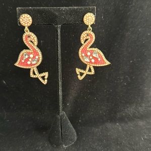 Light pink beaded flamingo drop pierced earrings with rhinestone accents